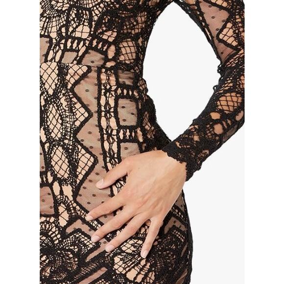 BARDOT Women's Zendaya Mini Lace Dress US 8 Large Black Nude Off Shoulder NWT - Picture 2 of 12